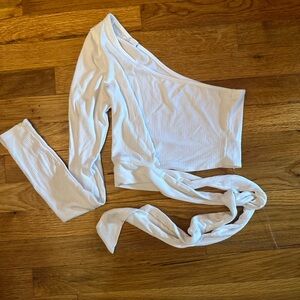 garage going out top, one sleeve, crop top, separate tie on bottom